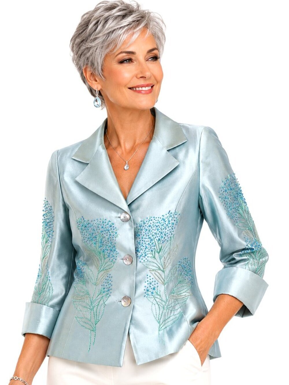 Renato Nucci Aqua Beaded Embroidered Silk Jacket